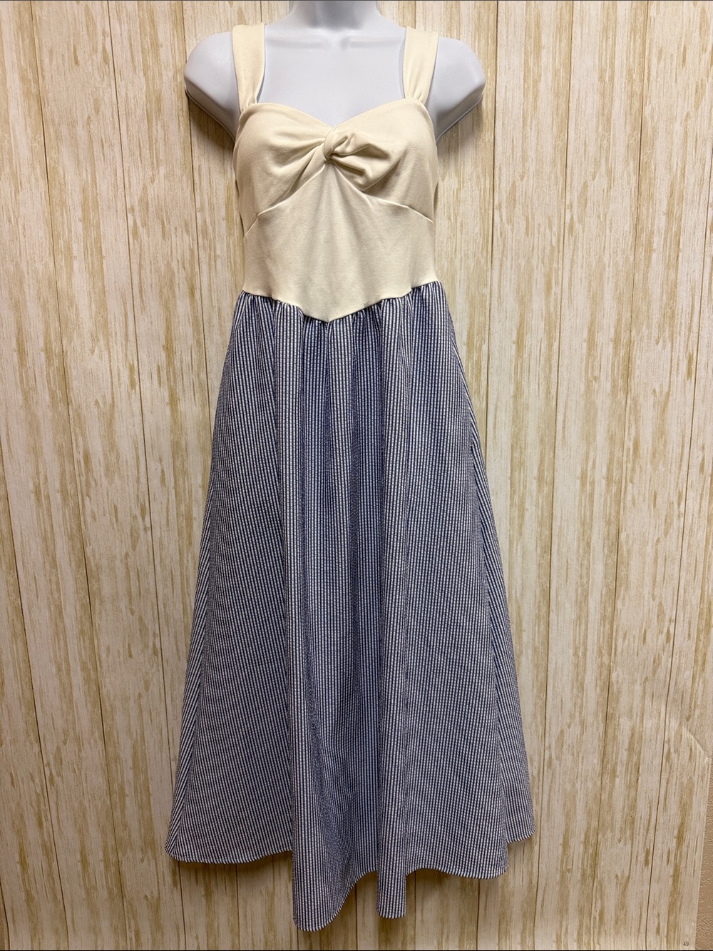 Altar’d State Cream Bow Front Sundress with Navy Pinstripe Skirt